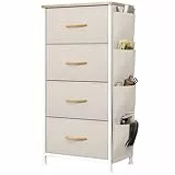 YITAHOME Kommode, 4 Stoffschubladen mit Griffen, Aufbewahrungsschrank mit Haken, Schubladenschrank mit Seitentaschen, Schrank,Metallgestell, stoffkommode für Schlafzimmer,Wohnzimmer,Flur,Büro,beige