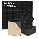 Fiqops 24 Stück Akustikschaumstoff Selbstklebend, 30x30x5 cm, 2,16 m² Schwarzer Pyramidenschaumstoff Akustikpaneele, Schallabsorber für Echo, Nachhall, Tonstudio, Podcast, Gaming