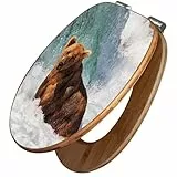 banjado Design WC Sitz Bambus Absenkautomatik 45,8x37,5cm - Toilettendeckel mit Absenkautomatik Holz - hochwertiger Bambus Klodeckel - WC-Sitz für gängigen Toiletten - Motiv Bär Im Wasser