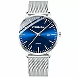 CRRJU Herren Uhr Ultra Dünne Wasserdicht Armbanduhr Herren Mode mit Schwarz Edelstahlband Mesh Analog Quarz Business Männer Uhren (Silber Blau)