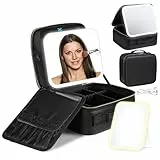 Luxspire Dame Kosmetiktasche mit Spiegel, 3 Farbe LED Licht Schminktasche mit spiegel Reise Makeup Tasche Leder Schminktasche Groß Makeup Bag Kosmetikkoffer für Kosmetika Makeup organizer, Schwarz