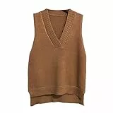 Dawwoti Frauen V Neck Pullover Weste Ärmellose Jumper Sweatshirt Layered Stricken Gilets Weste Top (as3, Alpha, one_Size, Regular, Regular, Braun)