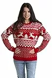Damen Weihnachten Jumper Lange Ärmel Knit Rundhals Crew Christmas Xmas Sweater (Rot, L)