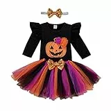 FYMNSI Baby Mädchen Halloween Party Outfit Geist Kürbis Langarm Strampler Tüll Rock Stirnband 3pcs Kleidung Set für 0-18 Monate, Schwarz + Orange Kürbis, 68