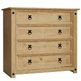 Vida Designs Corona Kommode mit 4 Schubladen | Massives Kiefernholz | 73 H x 80 B x 40 T cm | Gewachste Eichenoptik | Schwarze Ringgriffe | Rustikal | Schlafzimmermöbel