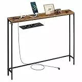 VASAGLE Konsolentisch mit Ladestation, schmaler Sofatisch, Flurtisch, 15 x 100 x 80 cm, mit Haken, einfache Montage, für Flur, Wohnzimmer, vintagebraun-tintenschwarz LNT079K02