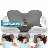 Glückstoff® Ergonomisches Kissen [Innovationspreis für Ergonomie nominiert] Kopfkissen aus Memory Foam | Ergonomisches Nackenkissen Nackenrolle Seitenschläferkissen Grau