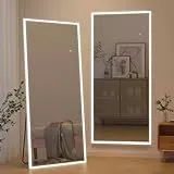 CASSILANDO Spiegel in voller Länge mit LED-Lichtern, freistehender Bodenspiegel, Wandspiegel, Farbe dimmbar und Helligkeitseinstellung für Schlafzimmer, LED, Weiß mit Ständer, 165 x 60 cm