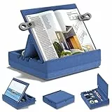 KDD Buchständer Kissen mit Aufbewahrung, Faltbare Buchhalter Leseständer, Verstellbar Kochbuchhalter für Schoß Bett Tisch Küche Kinder, Tablet Halterung Bett für Buch Tablet Handy E-Reader, Blau