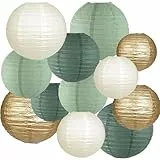 12 Stück Papier Lampions Grün Gold,Retro Olive Salbei Grün Gold Weiß Runde Papierlaterne Papier Laterne für Lampenschirm Deko, Geburtstagsfeier,Hochzeitsdekorationen Party Dekoration
