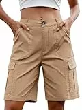 StylSense Kurze Hose Damen Sommer Bermuda Cargo Jeans Shorts Baumwolle Hohe Taille mit Elastischem Bund und 6 Taschen (Khaki, L)