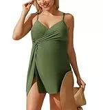 Maacie Damen Umstands-Badekleid mit V-Ausschnitt und geknoteter Vorderseite, verstellbaren Spaghettiträgern, Badeanzug mit angenähtem Slip, armee-grün, L