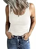 Fessceruna Damen Tops Sexy U-Ausschnitt Tank top Ärmellos Sommer Oberteile Gerippt Camisole mit Knöpfen(Weiß, L)