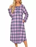ENJOYNIGHT Damen Lang Flanell Nachthemd Langarm Schlafshirt Knopfleiste Schlafhemd mit Taschen (Small,Lila Gitter)
