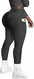 Memoryee Damen Honeycomb Leggings mit Taschen Slim Fit Hohe Taille Sporthose Lange Workout Kontrolle Gym Yogahosen/Black/L