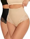 SURE YOU LIKE Shapewear Damen Bauchweg Unterhose Tanga mit Spitzen Miederhose Miederslip für Unterbauch Body Shaper String Figurformende Unterwäsche, Beige/Schwarz, M
