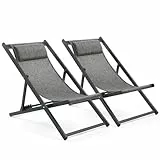 Mondeer Sonnenliege 2er Set, klappbarer Liegestuhl mit Kopfstütze und Verstellbarer Rückenlehne für Garten Pool Terrasse, Belastbarkeit 130kg, W104 x D58 x H95cm, Schwarz und Grau