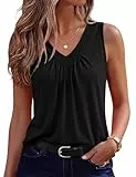 Totatuit Damen Tanktop V Ausschnitt Plissieret Sommer Top Ärmellos T Shirt Einfarbig Elegant Oberteile Basic Blusentop Schwarz L