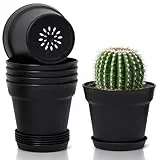 T4U 12,5cm Kunststoff Blumentopf mit Untersetzer, 6er-Set Plastik Übertopf Kräutertopf mit Mehrere Ablauflöchern, Rund Pflanzkübel für Innen und Balkon Sukkulenten Kaktus, Schwarz