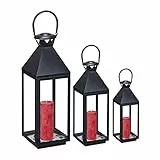 Relaxdays Laternen 3er Set, Dekolaternen für draußen & drinnen, 3 Größen, Metall, Glas, Windlichter für Kerzen, schwarz