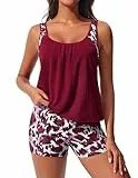 Hanna Nikole Sommer-Bikini-Set für Damen Oberteil mit Kordelzug am Saum und Shorts mit Stretch-Print Burgunderrot und Leopardenmuster M