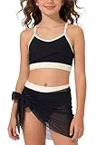 SEAUR Bikini Set Mädchen Dreiteilig Criss Cross Top Farbblock Badeanzug mit Rock Bademode Gepolsterter Kinder Schwimmen Kostüm Schwarz 11-12 Jahre