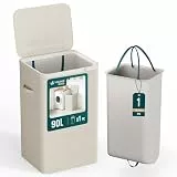 VOUNOT Wäschekorb 90L, Wäschesammler mit Deckel und herausnehmbaren & höhenverstellbaren Wäschesäcken, Wäschesortierer für Badezimmer, Schlafzimmer, Wäschekammer, Kinderzimmer Beige