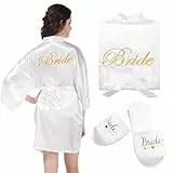 HENGBIRD Bride Morgenmantel Damen Bademantel Satin Kimono V Ausschnitt Nachtwäsche mit Hausschuhe für Hochzeit JGA Partydeko XL Weiß