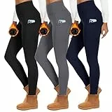 HIPOWER 3er Pack Thermoleggings Damen Mit Taschen Leggings Gefüttert Winter High Waist Fleece Warme Leggins Blickdicht Schwarz Sport Thermounterwäsche Laufhose Yogapants（A-Schwarz+Grau+Navy,L-XL