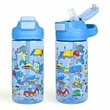 decalsweet Trinkflasche Kinder Auslaufsicher, 480ml Trinkflasche Kindergarten Mit Trinkhalm, BPA-frei Tritan Flasche Kinder zum Schule & Sport, Kinder Wasserflasche für Mädchen und Jungen, Baufahrzeug