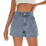 Jeans Shorts Damen High Waist Denim Kurze Hose mit Strass Perlen Jeanshose Kurz Hotpants Teenager Mädchen Sommer Short Destroyed Zerrissener Jeansshorts Casual Bermuda-Shorts Sommershort mit Taschen