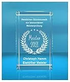 ELUNO 3D Glasquader | Meister + Jahreszahl | Glückwunsch mit Wunschtext | Geschenk zur Meisterprüfung