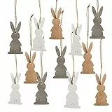 Logbuch-Verlag Osteranhänger aus Holz, 12er Set: Osterhasen-Deko zum Aufhängen, Osterschmuck mit Schnur für Osterstrauch und Geschenke, Zeitlose Osterdeko, Osterhasen-Anhänger für Zuhause, 10 cm
