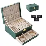 TAVADA Schmuckkästchen,Schmuckkasten,2 Ebenen Schmuckaufbewahrung schmuckschatulle Reise PU-Leder,Schmuck Organizers Damen Mädchen für Ringe,Ohrringe,mit Schloss und Schlüssel,Dunkelgrün