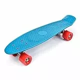Retro-Skateboard 56 cm, Mini-Cruiser, Kunststoff-Board, perfektes Komplettboard, Vintage-Skateboards, perfekt für Kinder, Jungen, Mädchen, 23660, Neonblau/Rot/Silber