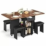 Mondeer Essgruppen, Klappbarer Esstisch mit 4 Stühlen und Schublade, Esstisch Set mit Rollen und 2 Offenen Ablagen, für Kleine Räume Esszimmer Küche, 140 x 80 x 75 cm (Rustikales Braun und Schwarz)
