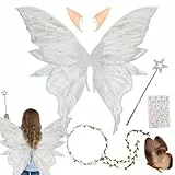 Gobesty Feenflügel Kostüm, Schmetterlingsflügel mit Elfenöhren, Fee Stirnband und Sterne Feenstäbe, Feen Flügel Kinder Mädchen, Flügel Kostüm für Karneval Fasching Mottoparty Halloween (Silber)