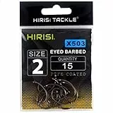 Hirisi X503 Angelhaken Größe 2 mit Widerhaken Karpfenhaken mit Öse zum Karpfenangeln, Kohlenstoffstahl, Boiliehaken Ansitzangeln, Verschiedene Größen, 1er Pack (15 Stück)