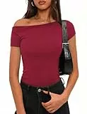 Totatuit Schulterfreies Oberteile Damen Tshirt Basic Kurzarm Y2K Slim Fit Klassischer Schnitt Crop Tops Einfarbig Shirt Sommer Casual Tee Shirts Weinrot S