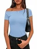 Totatuit One Shoulder Oberteil Damen Sommer Kurzarm Tshirt Sexy Elegant Slim Fit y2k Top Hellblau M
