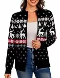Aottori Weihnachts Strickjacke Damen Weihnachtsjacke Kurz Weihnachten Cardigan Weihnachtspullover mit Reißverschluss Rentiermuster Christmas Sweater Winter Weihnachtspulli Jacke #Schwarz M
