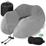 Kulamo Nackenkissen Flugzeug, Reisekissen Memory Foam, Nackenhörnchen Erwachsene, Nackenkissen Reise mit 3D-Schlafmaske, Ohrstöpsel, Tasche Ideal für Reisen, Flugzeug, Büro, Auto, Zug (Grau)