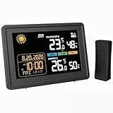 Wetterstation funk mit Außensensor 2025 Versionen 5,9 Zoll VA-Display Kabellos DCF Funkuhr Wetter station mit Farbdisplay Empfangssignal Funkuhr Innen und Außentemperatur mit DC Netzteil Schwarz