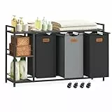 VASAGLE Wäschekorb 3 Fächer, Wäschesammler 150 L, Wäschesortierer, Rollen, Wäschewagen mit Ablagen, Wäschesack, mit abnehmbaren Taschen, 6 Etiketten, kastanienbraun-tintenschwarz-taubengrau BLH312B01