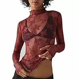 FYMNSI Damen Mesh Oberteile Transparentes Durchsichtige Tops Sexy Langarmshirt Bluse Tunika Elegant Spitzen Blumen Sheer Mesh D?nne Netz T-Shirt Casual Shirts Blusenshirt Sommertop Weinrot S