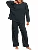 BAJAOEY Pyjama-Set für Damen, weich, bequem, flauschig, Fleece, Pullover, gerippt, warm, Plüsch, Lounge-Nachtwäsche, 2-teilig, dunkelgrau, M