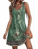 HOTOUCH Sommerkleid Damen Ärmellos V-Ausschnitt Strandkleid Knielang Blumen Lose Kurz Kleid Leicht Freizeitkleid mit Taschen Casual Swing Lässig Tank Kleid Grün S