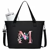 JANSBEN Groß Shopper Handtasche Damen mit Personalisierte Initialen Umhängetasche mit 15,6 Zoll Laptopfach & Stanley Cup Taschen Schultertasche mit Reißverschluss Tote Bag für Arbeit, Reisen, Schwarz