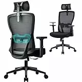 Durrafy Ergonomischer Bürostuhl, Schreibtischstuhl Höhenverstellbar, Drehstuhl mit Verstellbarer Lendenwirbelstütze und Kopfstütze, 90°-130°Liegefunktion, Bürostuhl bis 150 kg Belastbar, Schwarz
