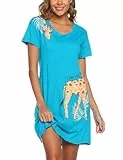 ENJOYNIGHT Damen Nachthemd Baumwolle Kurzarm Schlafhemd T-Shirt Schlafshirt Sommer Nachtwäsche für Lounge (XX-Large,Blua Giraffe)